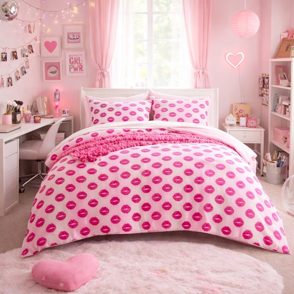 Betsey Johnson 6 Piece Bed In A Bag Pink Lip Print & Hearts Twin Bed Set NWT